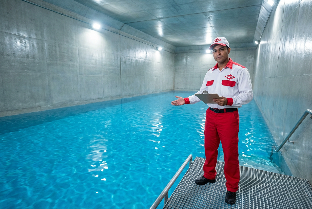 Reservatório limpo e desinfetado